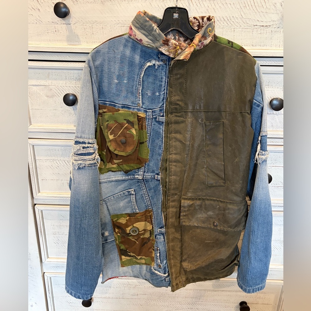Joey D Handcrafted Upcycled Camo Denim Utility Jacket • Raw Seam detail•